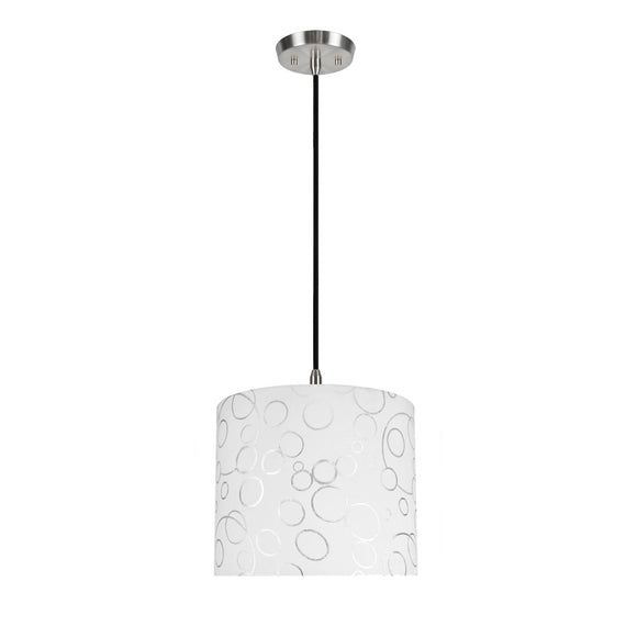# 71088-11 One-Light Hanging Pendant Ceiling Light with Transitional Drum Fabric Lamp Shade, White, 12