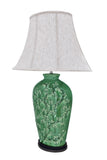# 40013 33 1/2" H Traditional Green Ceramic Table Lamp, Dark Brown Wood Base, Off White Oval Bell Shade, 20" W