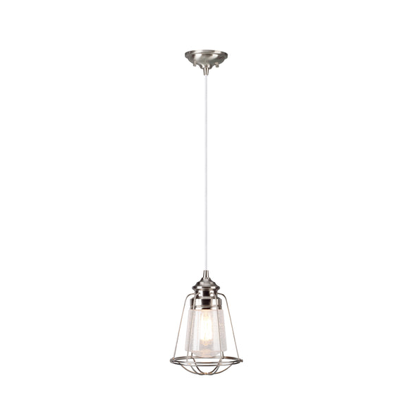 # 61044 One-Light Hanging Mini Pendant Ceiling Light, Transitional Design, Brushed Nickel, Clear Seeded Glass Shade with  Brushed Nickel Metal Wire Cage, 8
