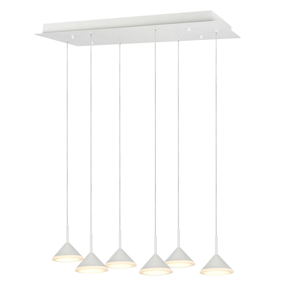 # 61064-2 Adjustable LED Six-Light Hanging Pendant Ceiling Light, Contemporary Design in White Finish, Glass Shade, 10 1/4