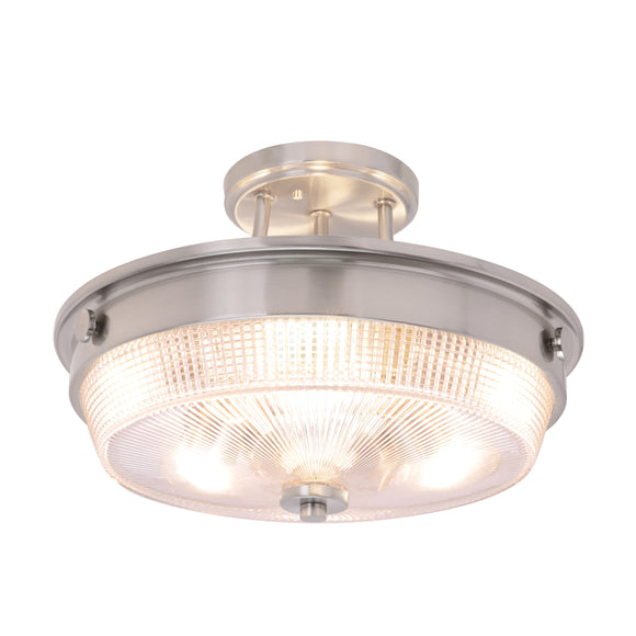 # 63502-1 3 Light Semi Flush Mount Ceiling Light Fixture, Transitional Design in Brushed Nickel Finish, Patterned Glass Shade, 13