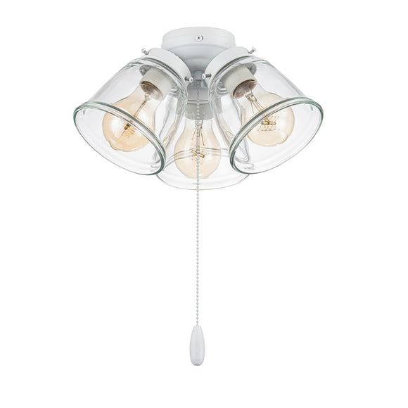 #  22013-1, Three-Light Ceiling Fan Light Kit with Pull Chain, Matte White Finish with Clear Glass Shades, 13-1/8