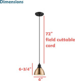 #  61178-59-1 Adjustable 1 Light Indoor Pendant, Brass & Matte Black Finish with Matte White inside, 6"W x 6-3/4"H