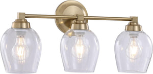 #  62736-22-3, Three-Light Metal Bathroom Vanity Wall Light Fixture, 22 1/4" Wide, Transitional Design in Antique Brass with Clear Barrel Glass Shade