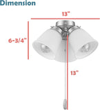 #  22013-2, Three-Light Ceiling Fan Light Kit with Pull Chain, Matte White Finish with Frosted Glass Shades, 13" Diameter x 6-3/4" Height