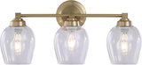 #  62736-22-3, Three-Light Metal Bathroom Vanity Wall Light Fixture, 22 1/4" Wide, Transitional Design in Antique Brass with Clear Barrel Glass Shade