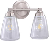 #  62732-09-2, Two-Light Metal Bathroom Vanity Wall Light Fixture, 13 3/8" Wide, Transitional Design in Satin Nickel with Clear Glass Shade