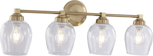 #  62736-22-4, Four-Light Metal Bathroom Vanity Wall Light Fixture, 30 5/8" Wide, Transitional Design in Antique Brass with Clear Barrel Glass Shade