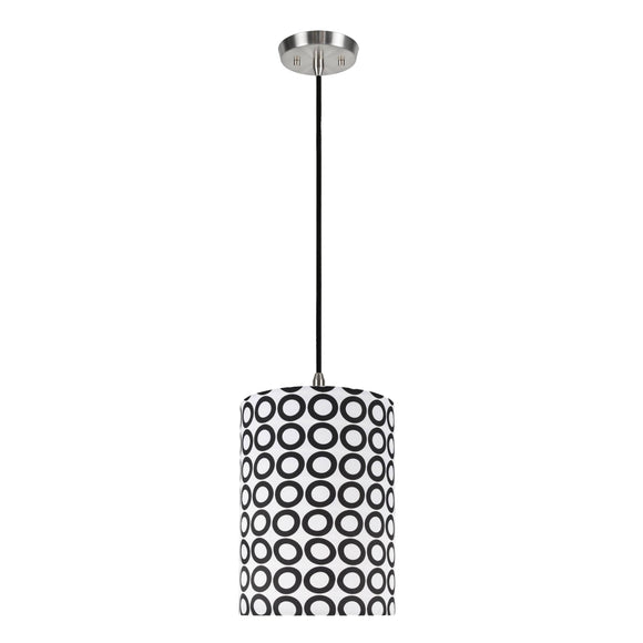 # 71006 One-Light Hanging Pendant Light with Transitional Hardback Drum Fabric Lamp Shade, Black/White Geometric Print, 8