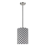 # 71006 One-Light Hanging Pendant Light with Transitional Hardback Drum Fabric Lamp Shade, Black/White Geometric Print, 8" W