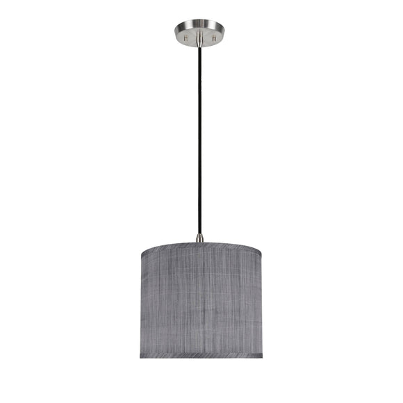 # 71015 One-Light Hanging Pendant Ceiling Light with Transitional Hardback Drum Fabric Lamp Shade, Grey & Black, 12