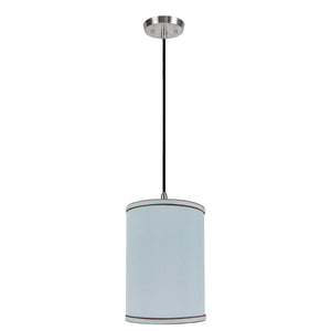 # 71019  One-Light Hanging Pendant Ceiling Light with Transitional Hardback Drum Fabric Lamp Shade, Light Blue, 8" W