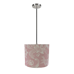 # 71023 One-Light Hanging Pendant Ceiling Light with Transitional Hardback Drum Fabric Lamp Shade, Pink with Design, 12" W
