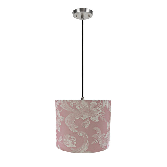 # 71023 One-Light Hanging Pendant Ceiling Light with Transitional Hardback Drum Fabric Lamp Shade, Pink with Design, 12