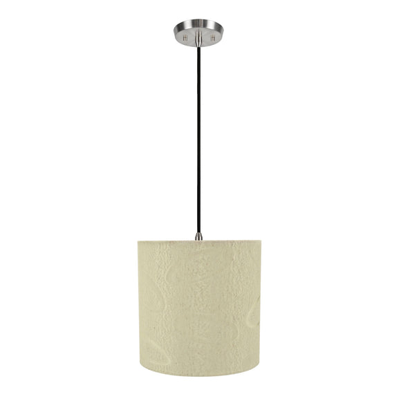 # 71024 One-Light Hanging Pendant Ceiling Light with Transitional Hardback Drum Fabric Lamp Shade, Beige with Design, 8