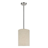 # 71031 One-Light Hanging Pendant Ceiling Light with Transitional Hardback Drum Fabric Lamp Shade, Beige Linen, 8" W