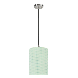 # 71032-11 One-Light Hanging Pendant Ceiling Light with Transitional Drum Fabric Lamp Shade, Light Green, 8" width