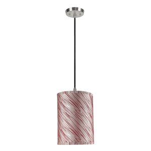 # 71035  One-Light Hanging Pendant Light with Transitional Hardback Drum Fabric Lamp Shade, Off-White - Red Striping, 8" W