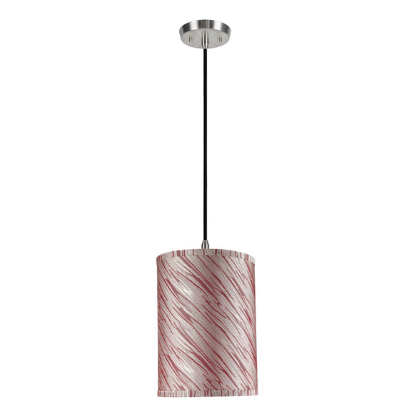 # 71035  One-Light Hanging Pendant Light with Transitional Hardback Drum Fabric Lamp Shade, Off-White - Red Striping, 8