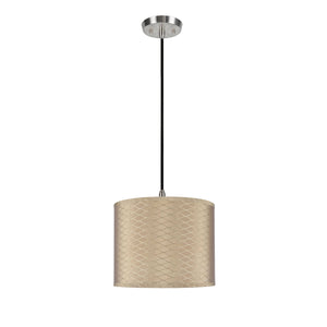# 71036  One-Light Hanging Pendant Ceiling Light with Transitional Hardback Drum Fabric Lamp Shade, Light Brown, 14" W