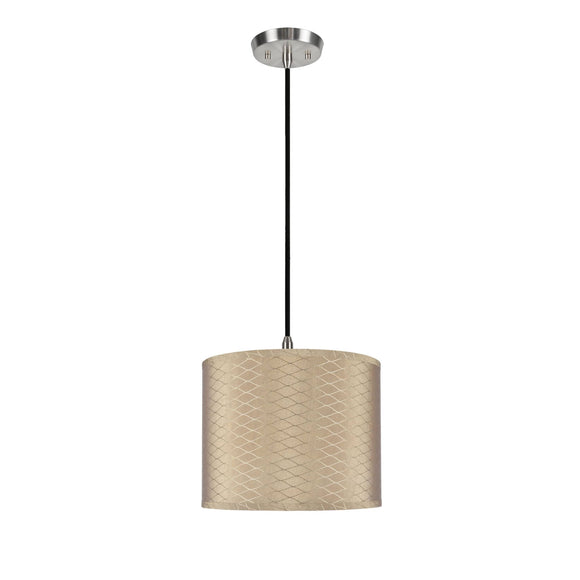 # 71036  One-Light Hanging Pendant Ceiling Light with Transitional Hardback Drum Fabric Lamp Shade, Light Brown, 14