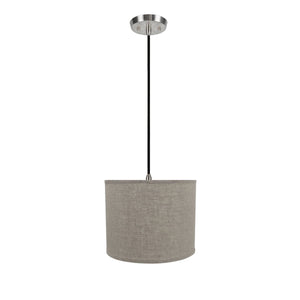 # 71037  One-Light Hanging Pendant Ceiling Light with Transitional Hardback Drum Fabric Lamp Shade, Grey Linen, 14" W