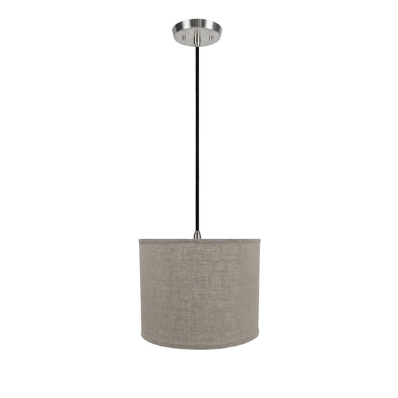# 71037  One-Light Hanging Pendant Ceiling Light with Transitional Hardback Drum Fabric Lamp Shade, Grey Linen, 14