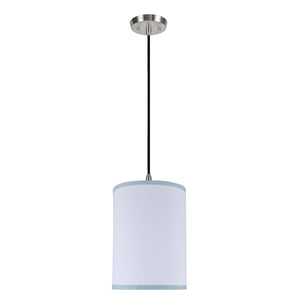 # 71111 One-Light Hanging Pendant Ceiling Light with Transitional Hardback Drum Fabric Lamp Shade, White, Blue Trim, 8" W