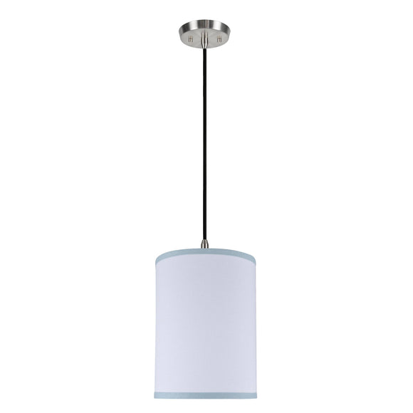 # 71111 One-Light Hanging Pendant Ceiling Light with Transitional Hardback Drum Fabric Lamp Shade, White, Blue Trim, 8