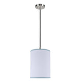 # 71111 One-Light Hanging Pendant Ceiling Light with Transitional Hardback Drum Fabric Lamp Shade, White, Blue Trim, 8" W