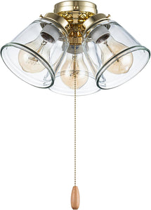 #  22015-1, Three-Light Ceiling Fan Light Kit with Pull Chain, Polished Brass Finish with Clear Glass Shades, 13-1/8" Diameter x 6-3/4" Height