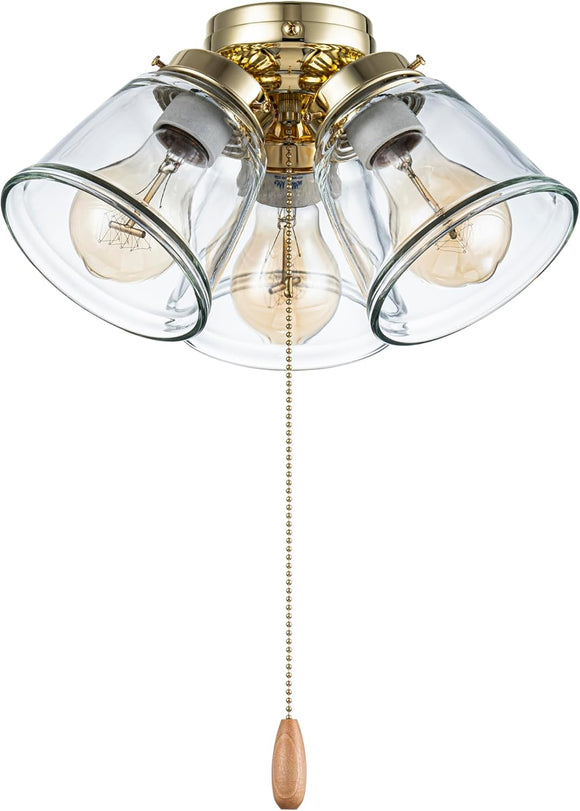 #  22015-1, Three-Light Ceiling Fan Light Kit with Pull Chain, Polished Brass Finish with Clear Glass Shades, 13-1/8