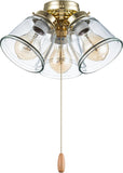 #  22015-1, Three-Light Ceiling Fan Light Kit with Pull Chain, Polished Brass Finish with Clear Glass Shades, 13-1/8" Diameter x 6-3/4" Height