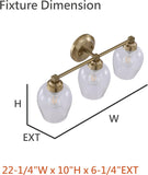 #  62736-22-3, Three-Light Metal Bathroom Vanity Wall Light Fixture, 22 1/4" Wide, Transitional Design in Antique Brass with Clear Barrel Glass Shade