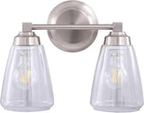 #  62732-09-2, Two-Light Metal Bathroom Vanity Wall Light Fixture, 13 3/8" Wide, Transitional Design in Satin Nickel with Clear Glass Shade