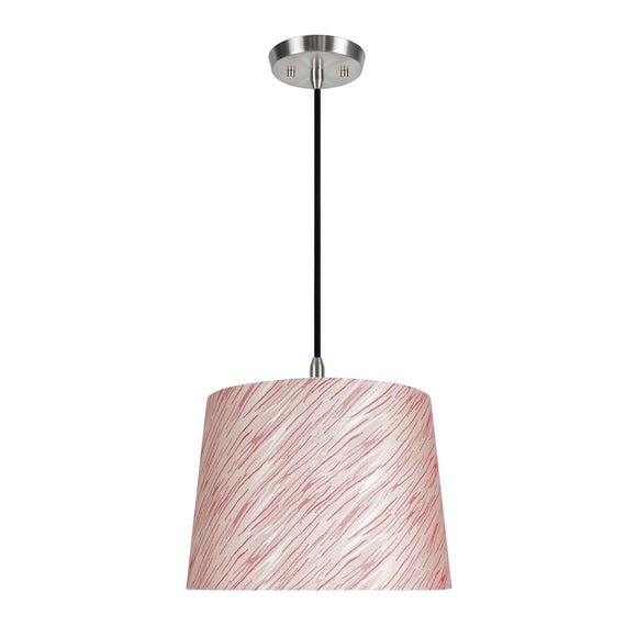 # 72013  One-Light Hanging Pendant Ceiling Light with Transitional Hardback Fabric Lamp Shade, Taupe - Red Striping, 14