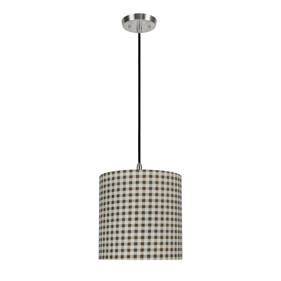# 71057-11 One-Light Hanging Pendant Ceiling Light with Transitional Drum Fabric Lamp Shade, Brown, 8