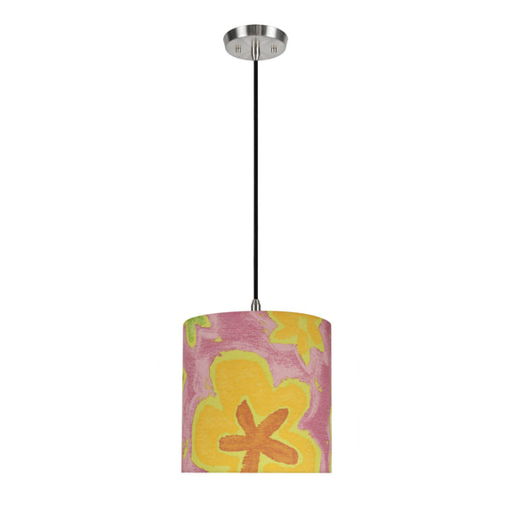 # 71061-11 One-Light Hanging Pendant Ceiling Light with Transitional Drum Fabric Lamp Shade, Pink, 8