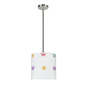 # 71062-11 One-Light Hanging Pendant Ceiling Light with Transitional Drum Fabric Lamp Shade, White, 8" width