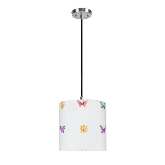 # 71062-11 One-Light Hanging Pendant Ceiling Light with Transitional Drum Fabric Lamp Shade, White, 8
