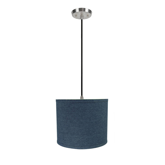 # 71087-11 One-Light Hanging Pendant Ceiling Light with Transitional Hardback Drum Fabric Lamp Shade, Washing Blue, 12