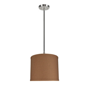 # 71089-11 One-Light Hanging Pendant Ceiling Light with Transitional Drum Fabric Lamp Shade, Brown, 12" width