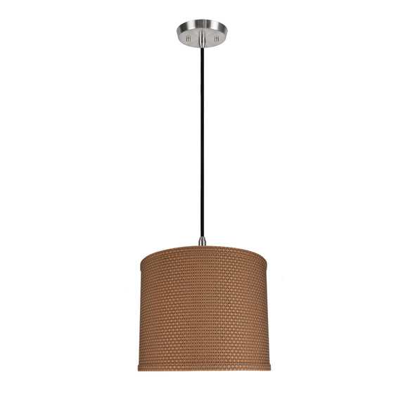 # 71089-11 One-Light Hanging Pendant Ceiling Light with Transitional Drum Fabric Lamp Shade, Brown, 12