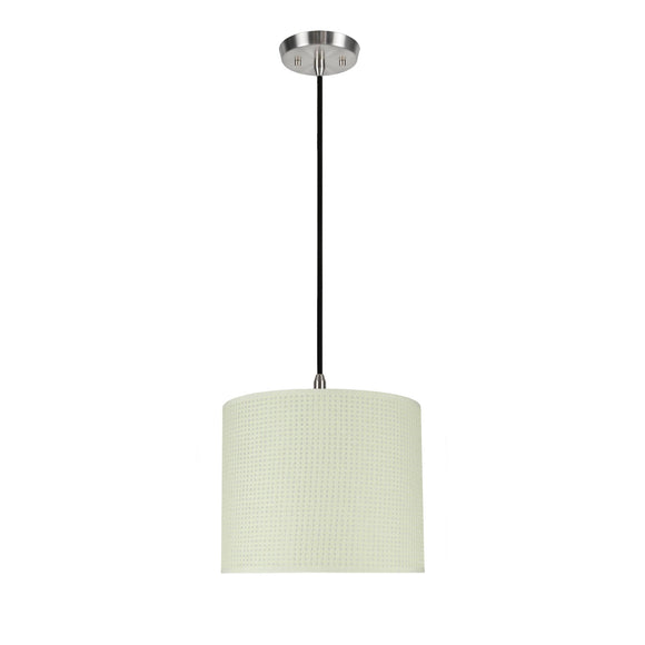 # 71092-11 One-Light Hanging Pendant Ceiling Light with Transitional Drum Fabric Lamp Shade, Beige, 12