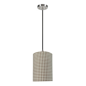 # 71113-11 One-Light Hanging Pendant Ceiling Light with Transitional Drum Fabric Lamp Shade, Brown, 8" width