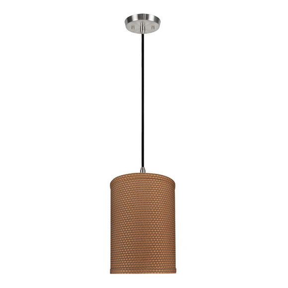 # 71115-11 One-Light Hanging Pendant Ceiling Light with Transitional Drum Fabric Lamp Shade, Brown, 8