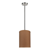 # 71115-11 One-Light Hanging Pendant Ceiling Light with Transitional Drum Fabric Lamp Shade, Brown, 8" width