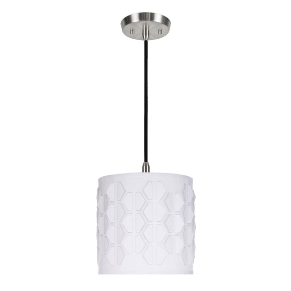 # 79201-11 One-Light Hanging Pendant Ceiling Light with Transitional Drum Laser Cut Fabric Lamp Shade, Off White, 8