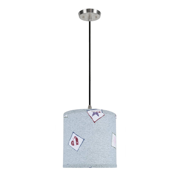 # 71053  One-Light Hanging Pendant Light with Transitional Hardback Drum Fabric Lamp Shade, Light Blue - Patriotic Accents, 8