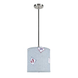 # 71053  One-Light Hanging Pendant Light with Transitional Hardback Drum Fabric Lamp Shade, Light Blue - Patriotic Accents, 8" W